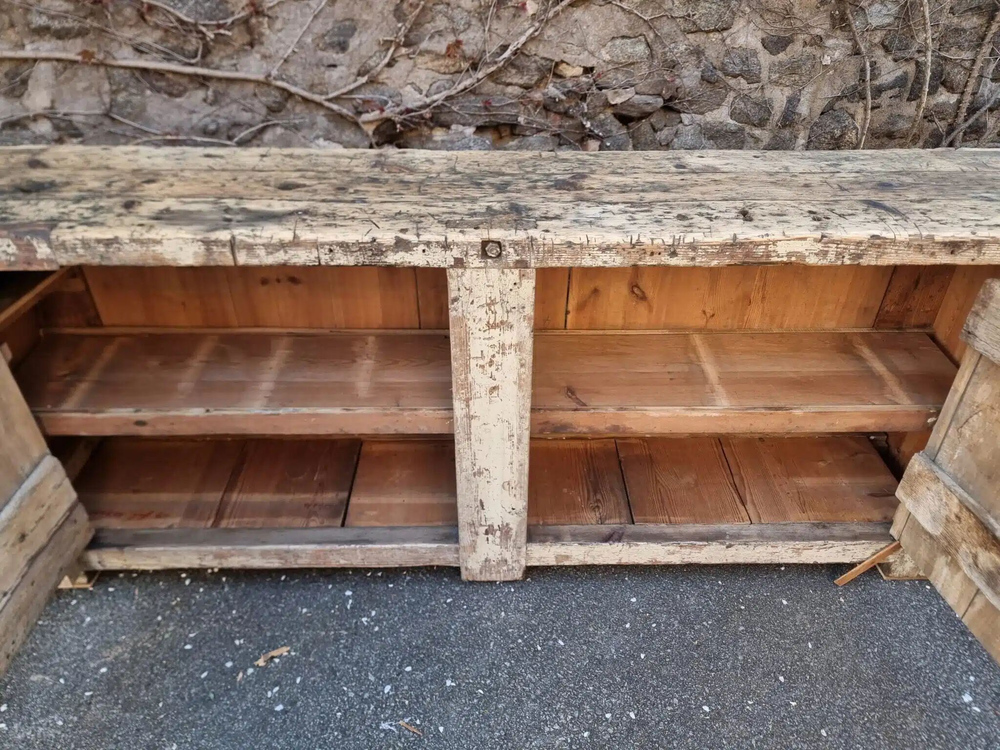 Established ancient French console table / kitchen island / shop counter, early 1900s.