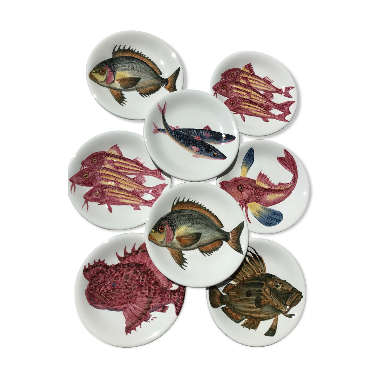 8 Plates flat fish painted handmade art art Proceram