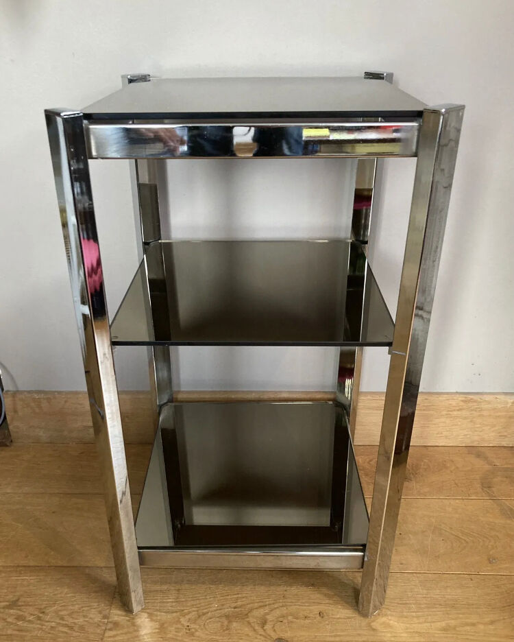 1970s sofa end harness in chromed metal, 3 removable shelves smoked mirrors (available)