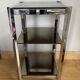 1970s sofa end harness in chromed metal, 3 removable shelves smoked mirrors (available)