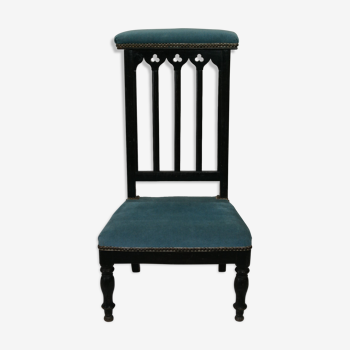 Chaise prie-dieu style Napoléon III bois noirci ajourée velours bleu