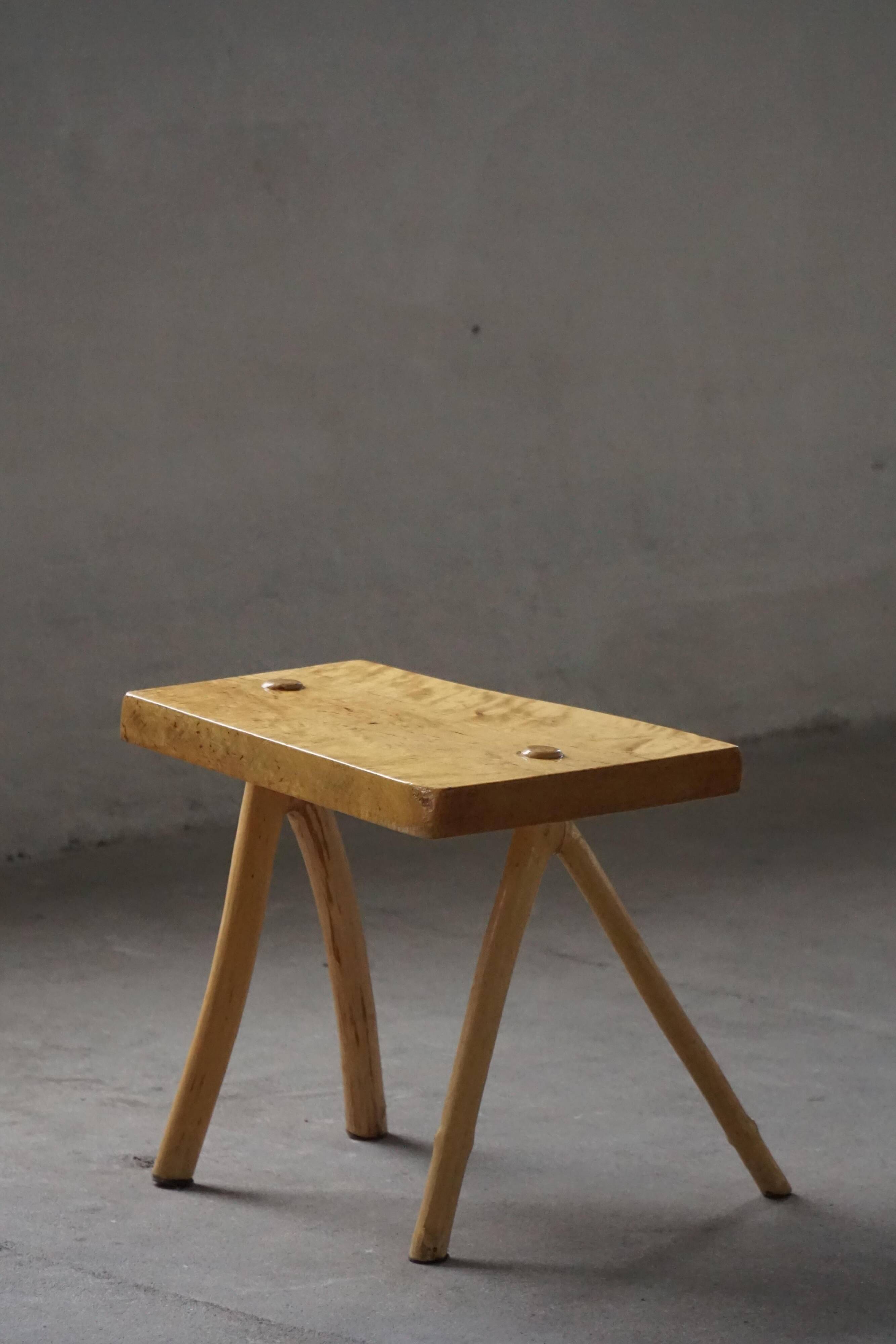 Wabi-Sabi stool in handmade birch, modern Scandinavian style, 1960s.