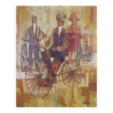 Tableau huile vintage cycliste sur son vélo Italie milieu 20ème siècle signé tableau XM