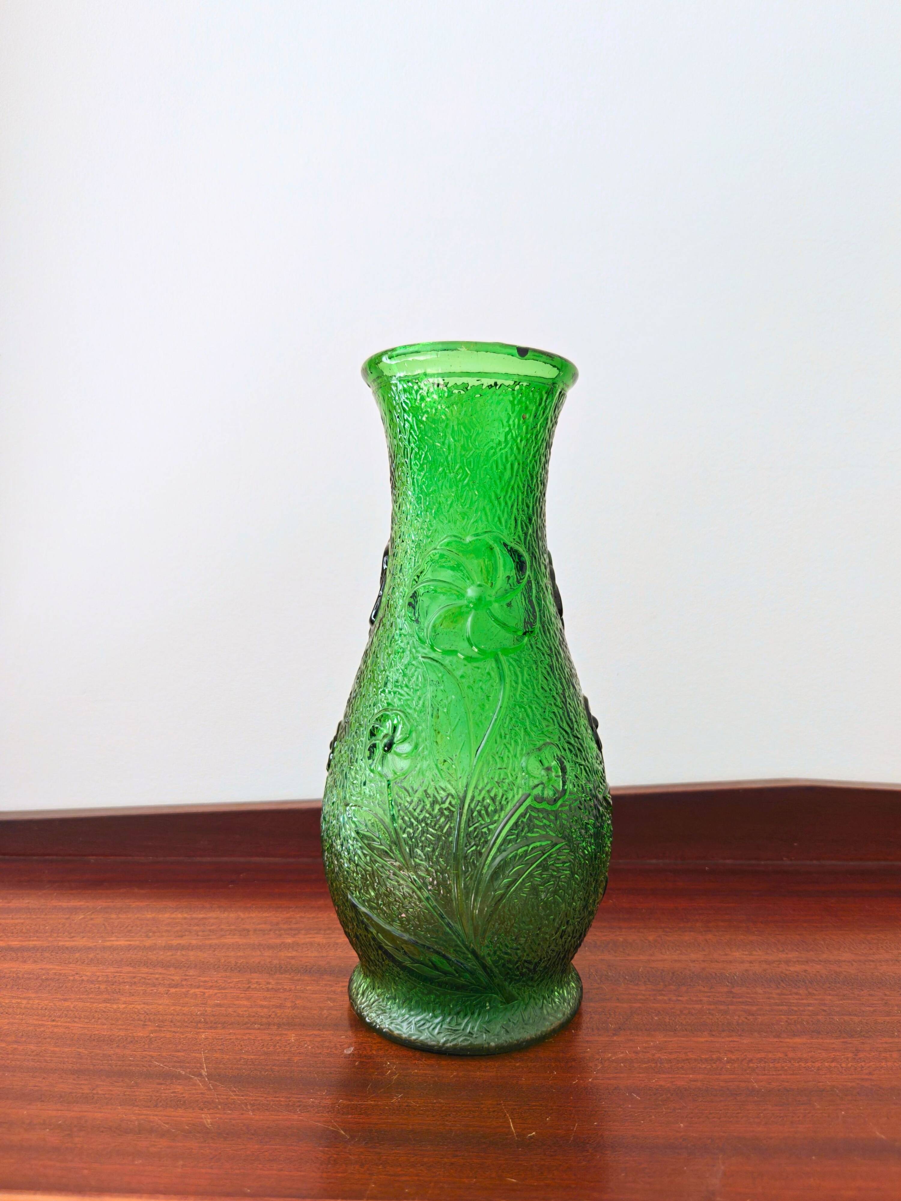 Constantin Vase Made in Italy vintage green glass with floral relief