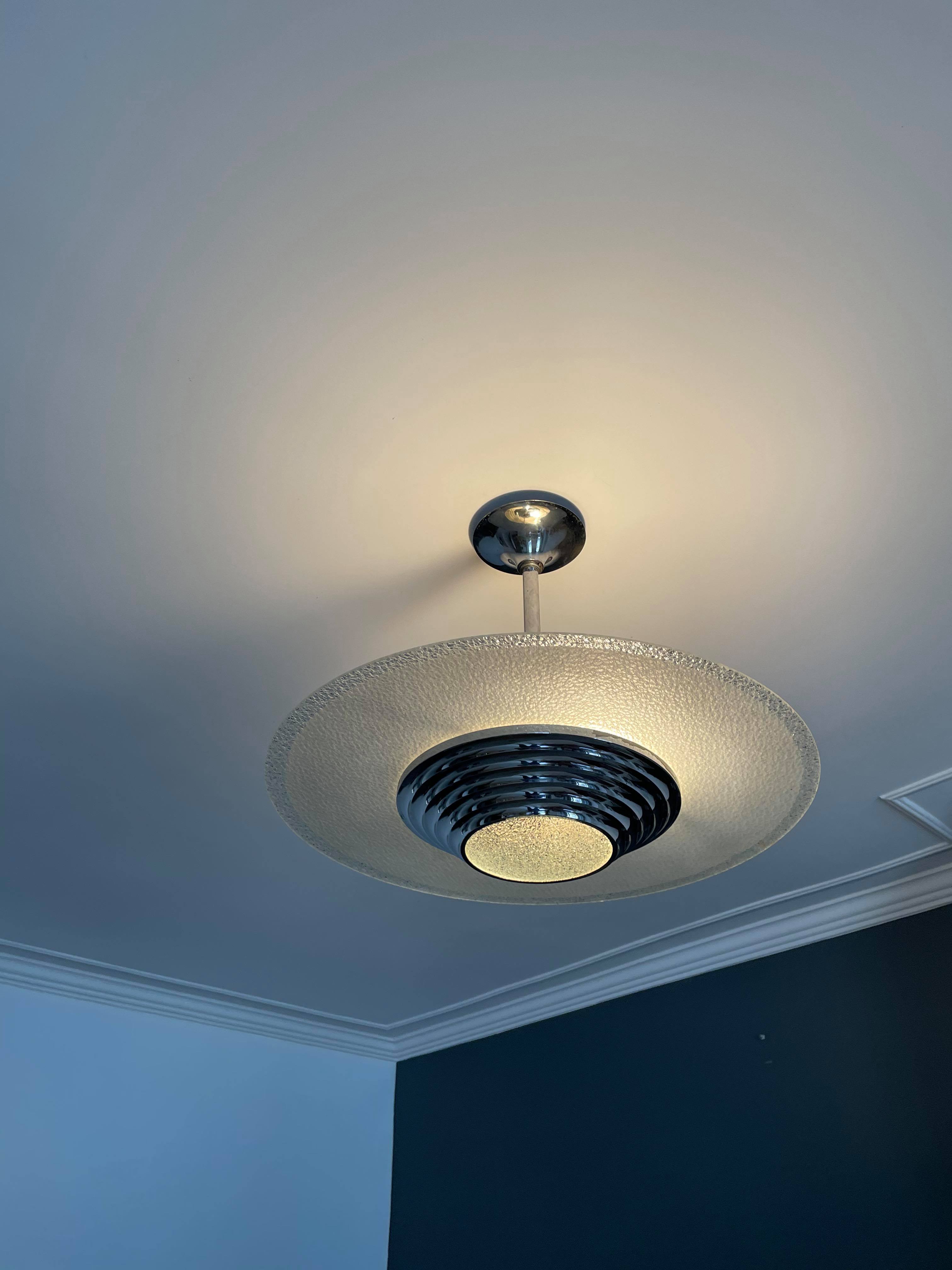 Modernist art deco pendant lamp, chrome brass and glass, France 1930 vintage