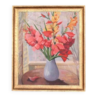 Original Swedish oil on canvas – “Flowers” by Gunnar Larsson – vintage & framed – 58 × 68 cm