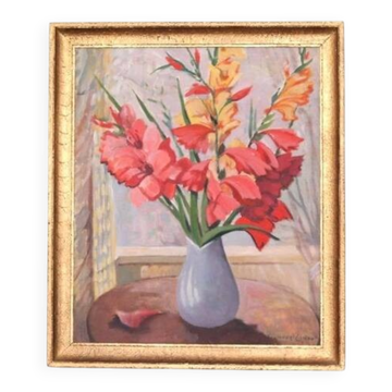 Huile sur toile originale suédoise – « Fleurs » par Gunnar Larsson – vintage et encadrée – 58 × 68 cm