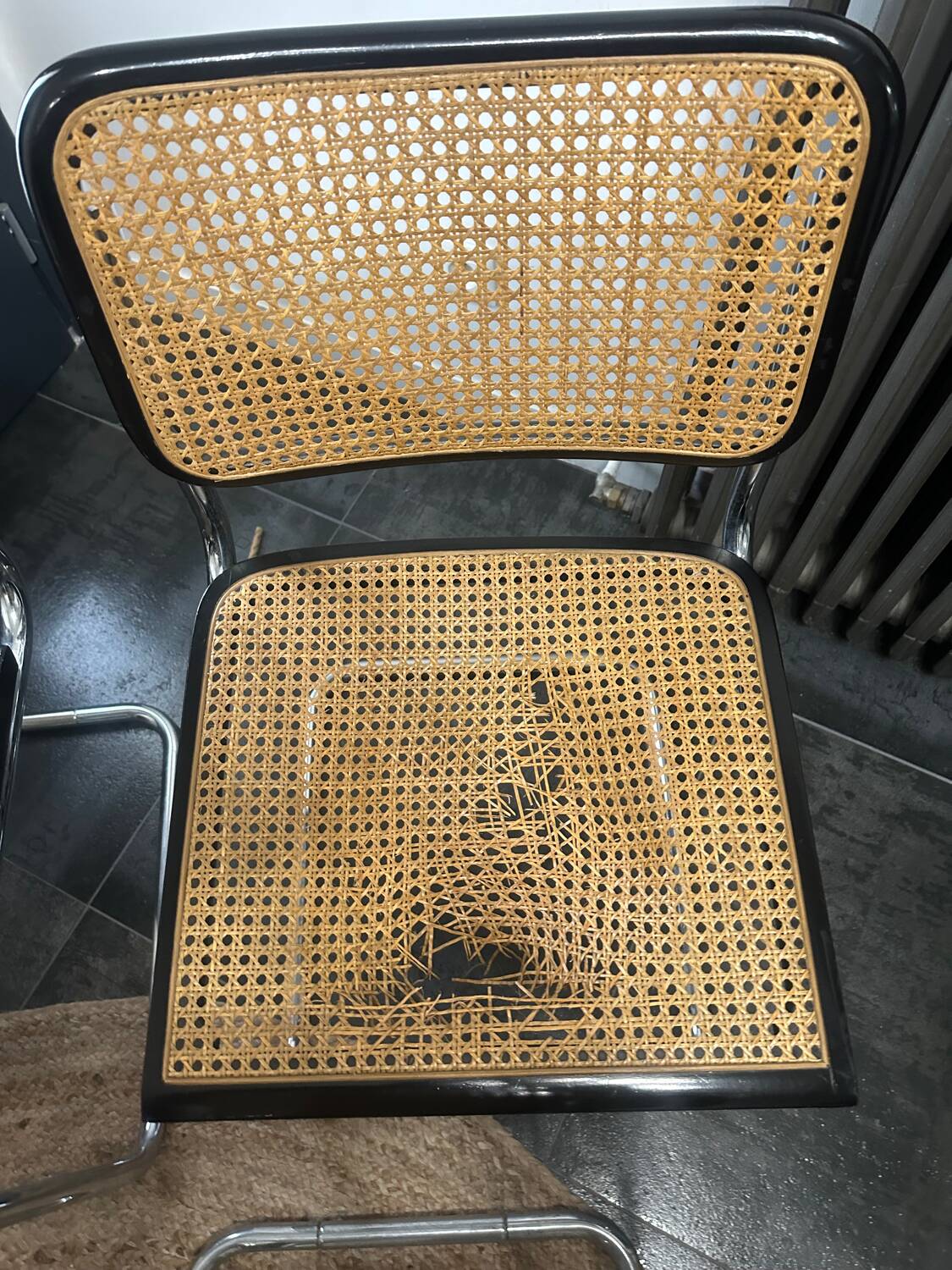 Lot of 1 armchair and 2 Cesca B32 chairs, Thonet edition, seats need reupholstering