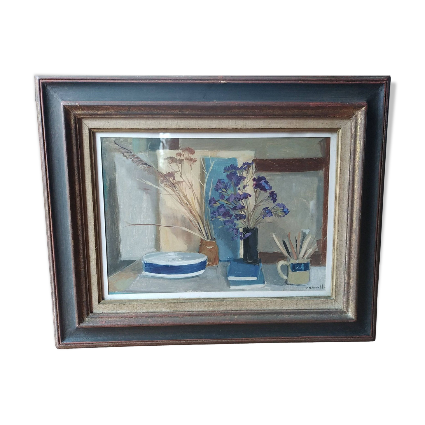 Pierre Marie Rudelle. Blue still life. Oil on cardboard.