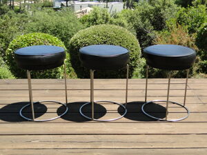 Set De 3 Tabourets Vintage Cuir Pleine Fleur Et Métal circa 1950 /1960