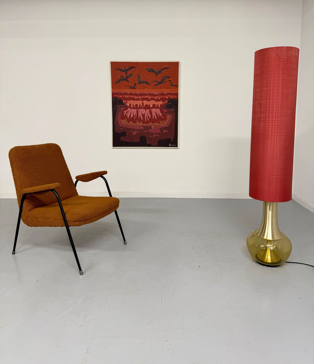 Vintage orange boucle armchair, French design from the 1950s.