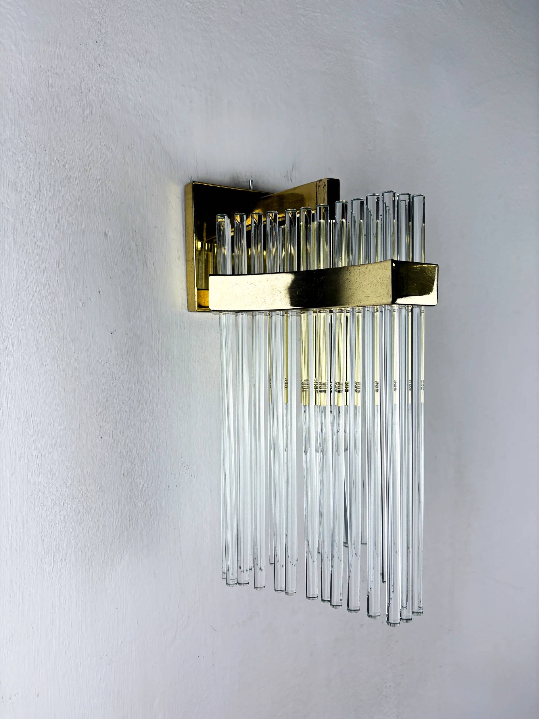 Gaetano Sciolari for Lightolier wall sconce, Murano glass rods & gilt brass, Italy, 1970s