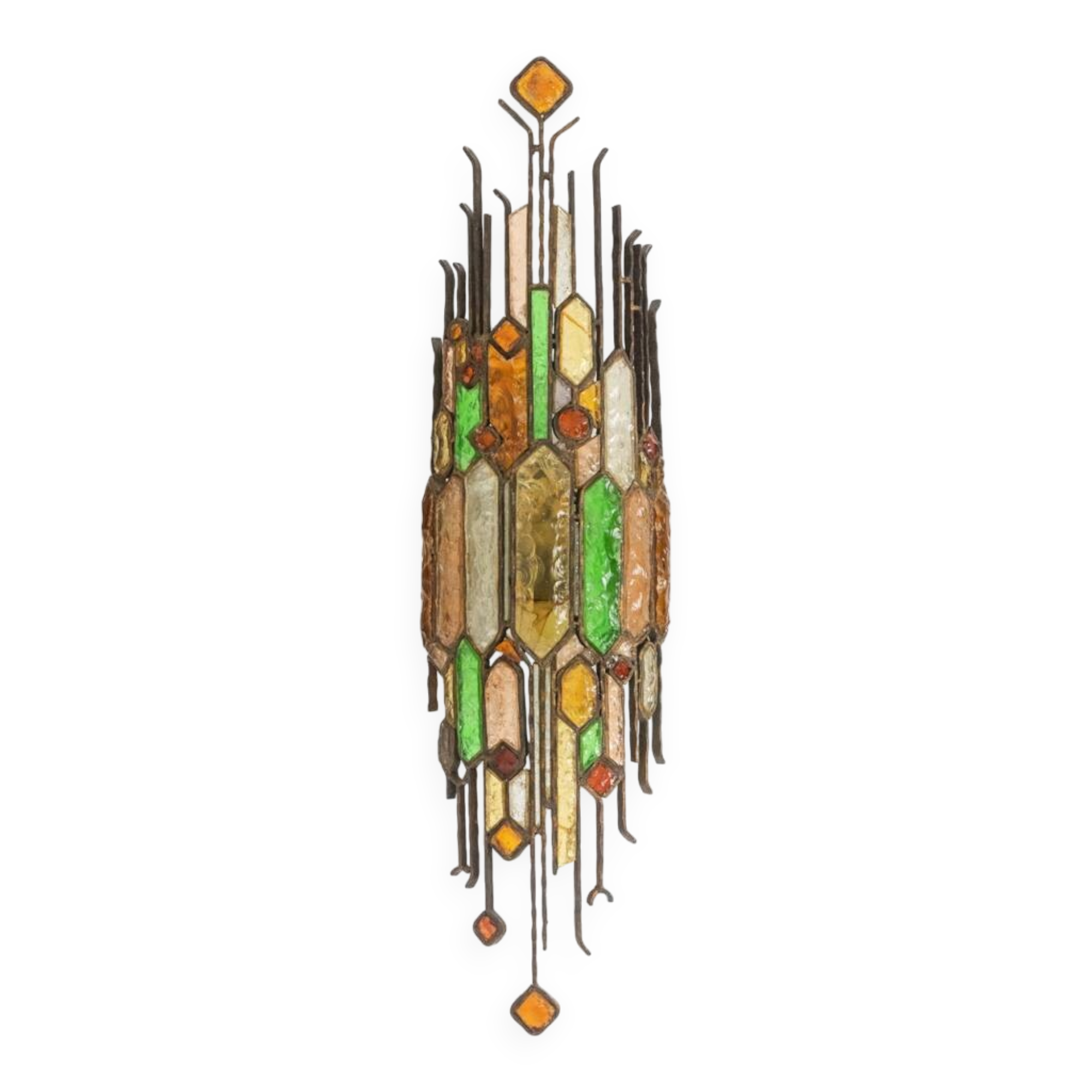 Wrought iron and colored glass wall light. 1960s.
