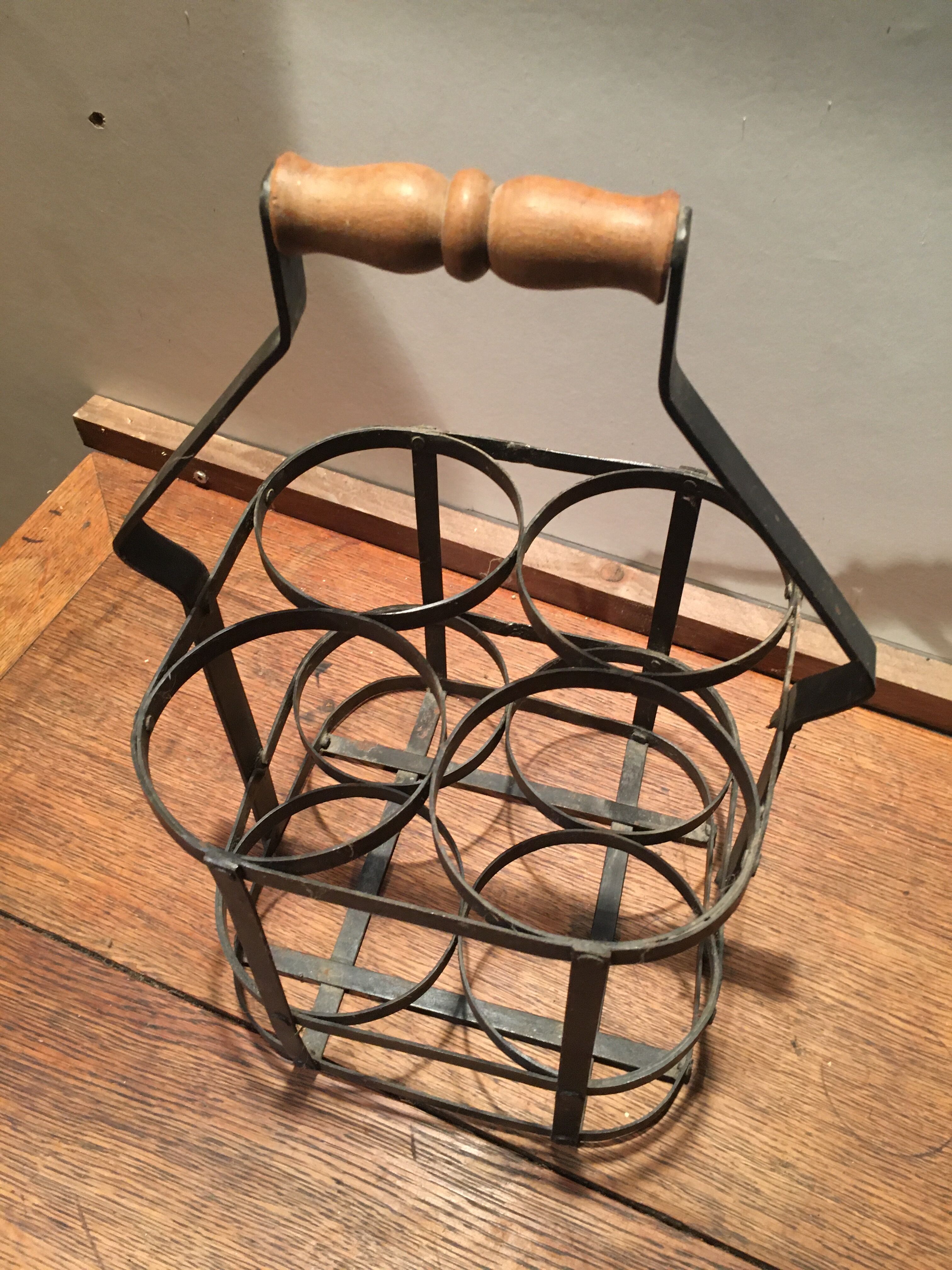 Metal bottle basket and wooden handle