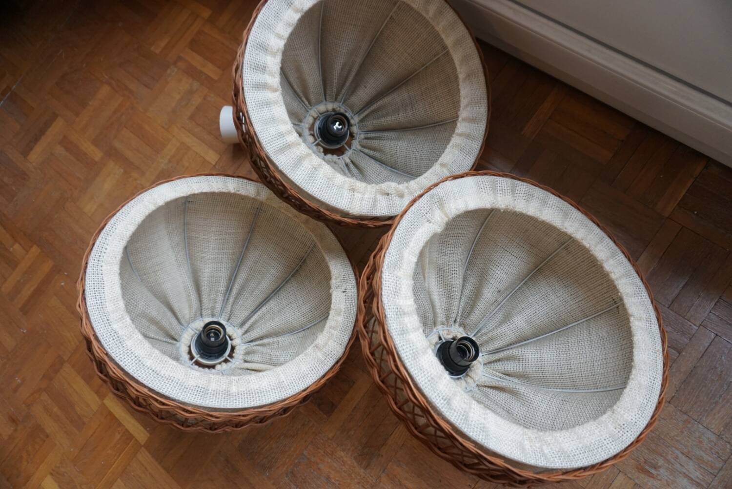 3 70s pendant lights - fabric and rattan