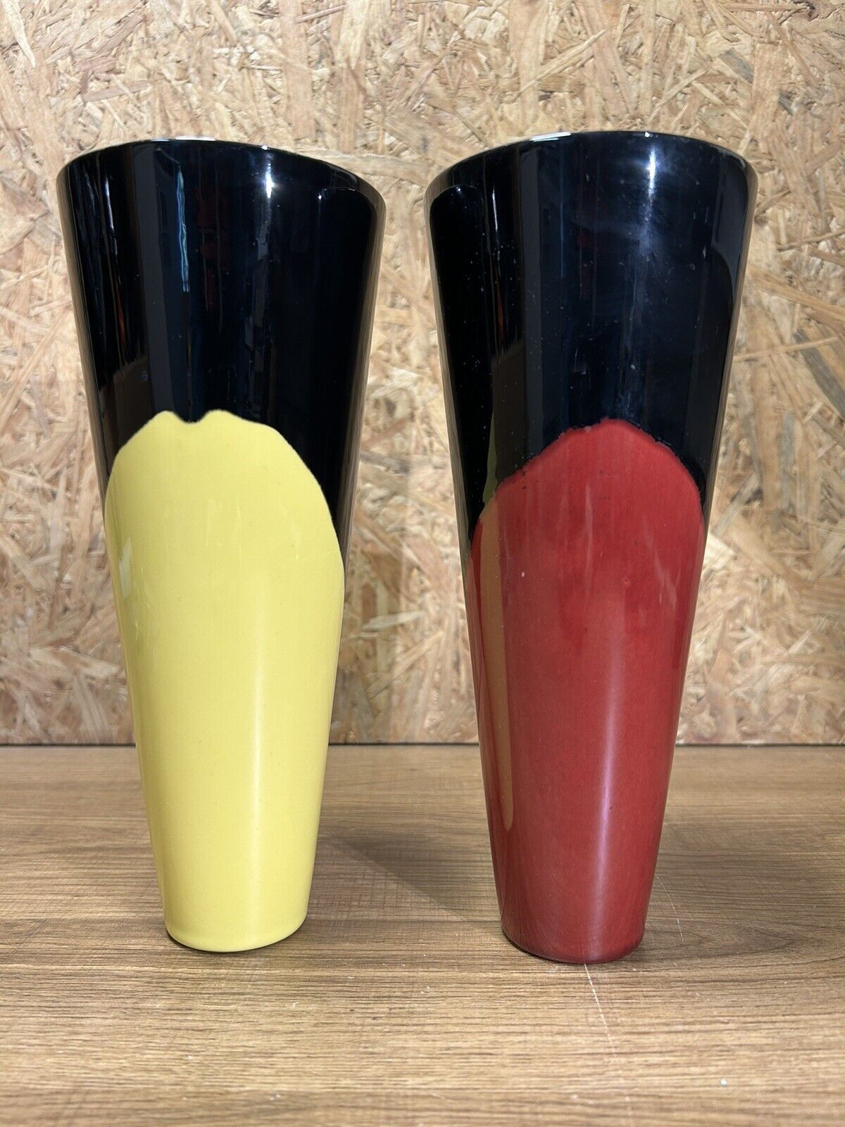 Pair of vases 70s, vintage black, yellow, red, deco pop, space age