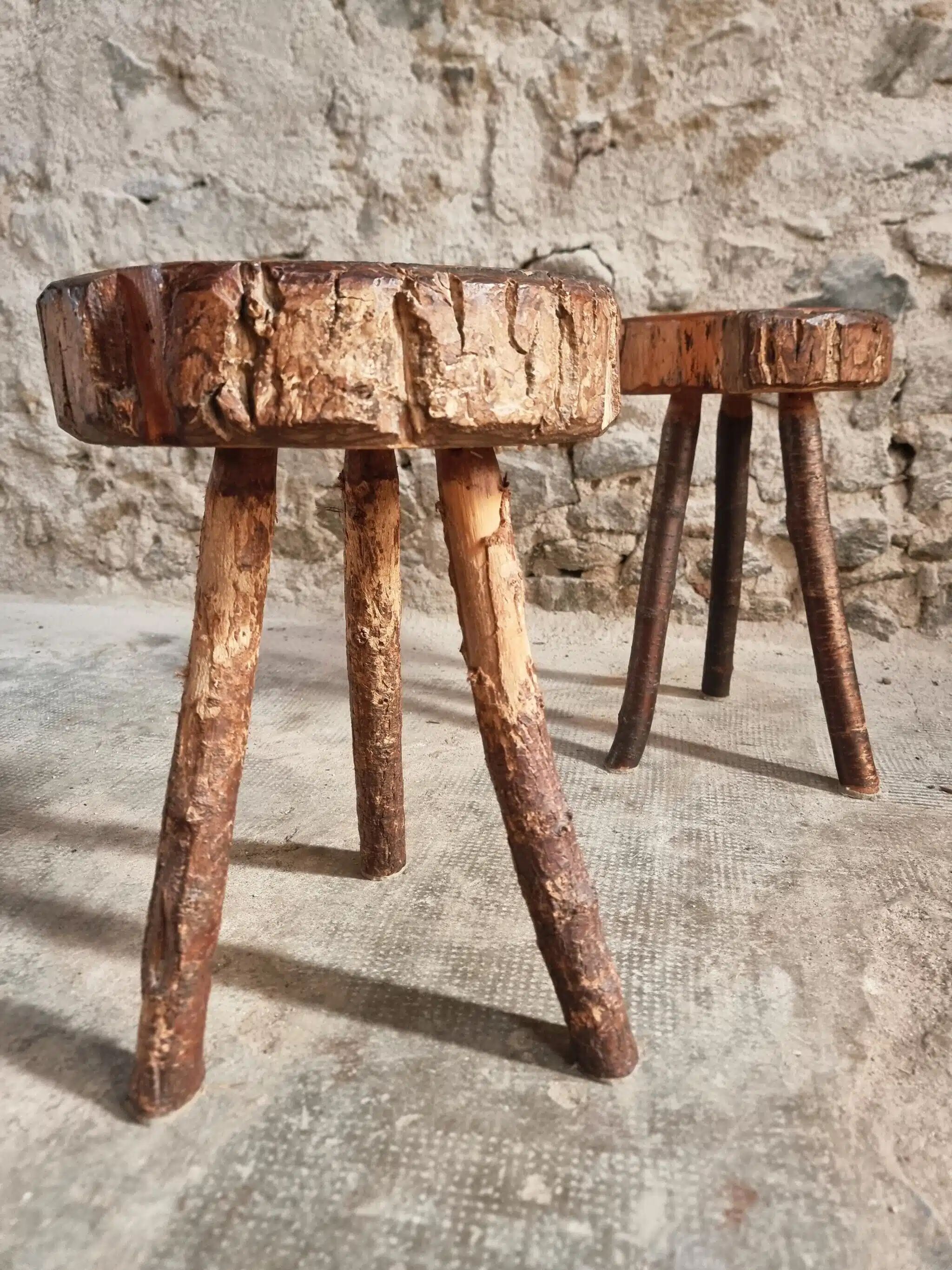 Vintage wooden tripod stools, set of 2, France 1960s