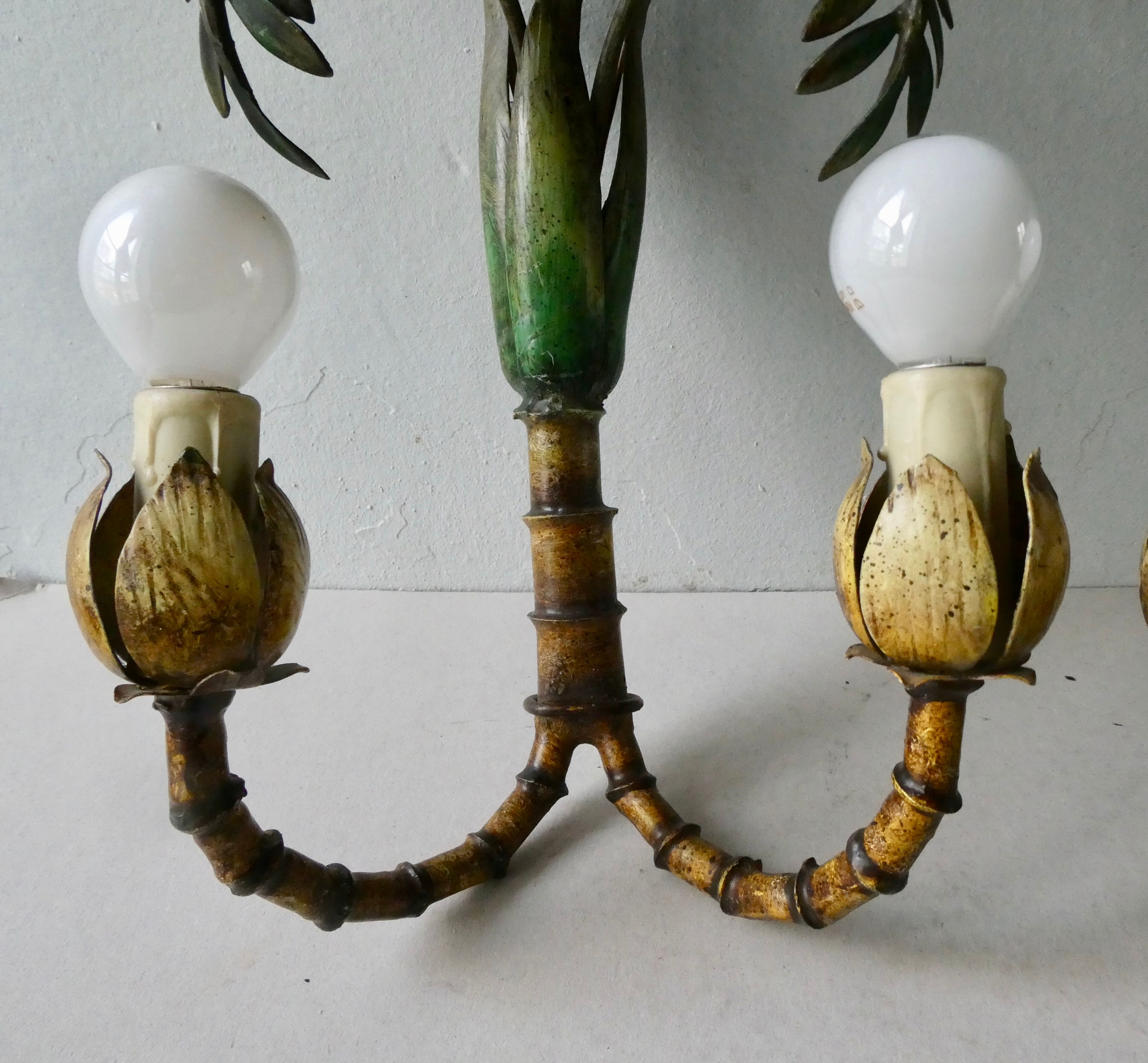 Pair of bamboo and palm sconces in metal