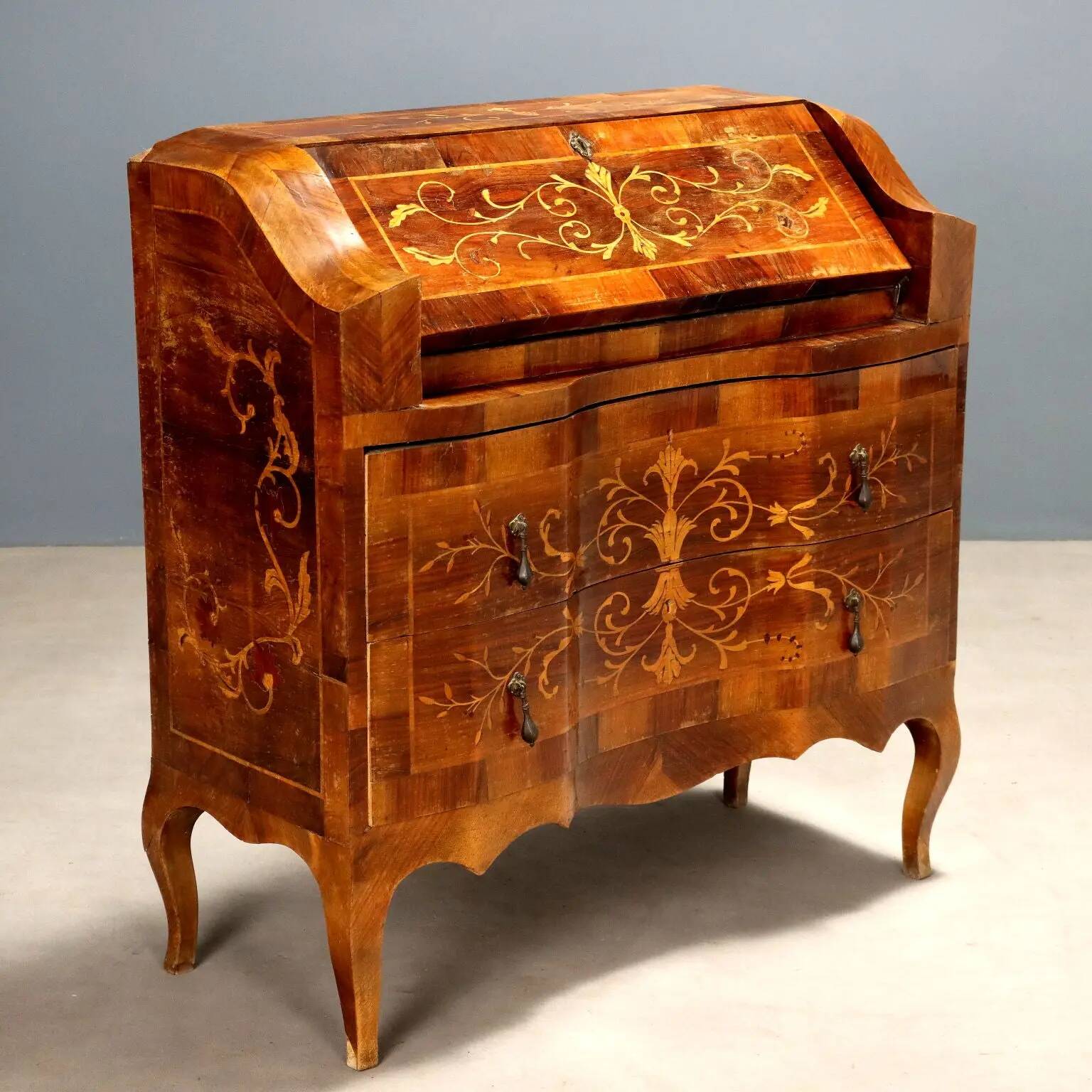 Antique walnut secretary cabinet with drop-down front, 2 drawers, Italy, 20th century.
