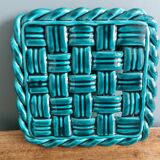 Emerald green braided slip trivet and bottle holder, knife holder