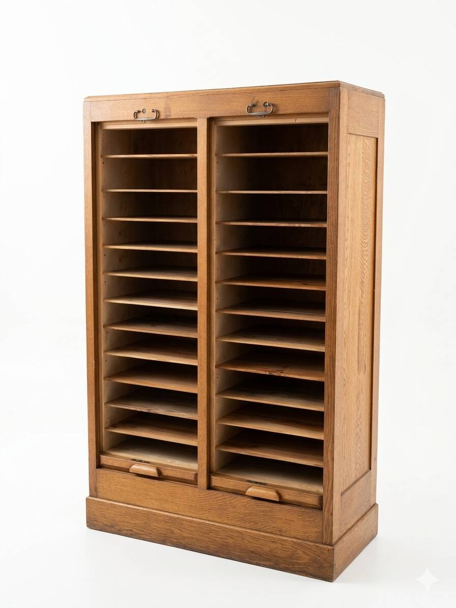 Double curtain cabinet in solid oak