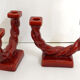 Pair of candlesticks twisted rope earthenware red 1950