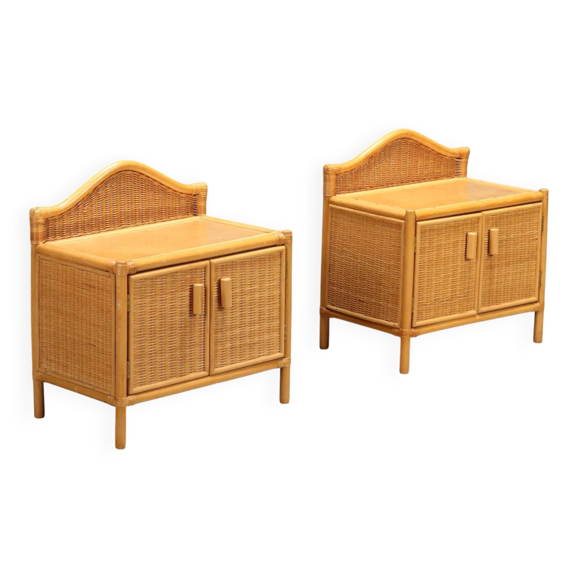 Pair of woven wicker bedside tables from the 1980s.