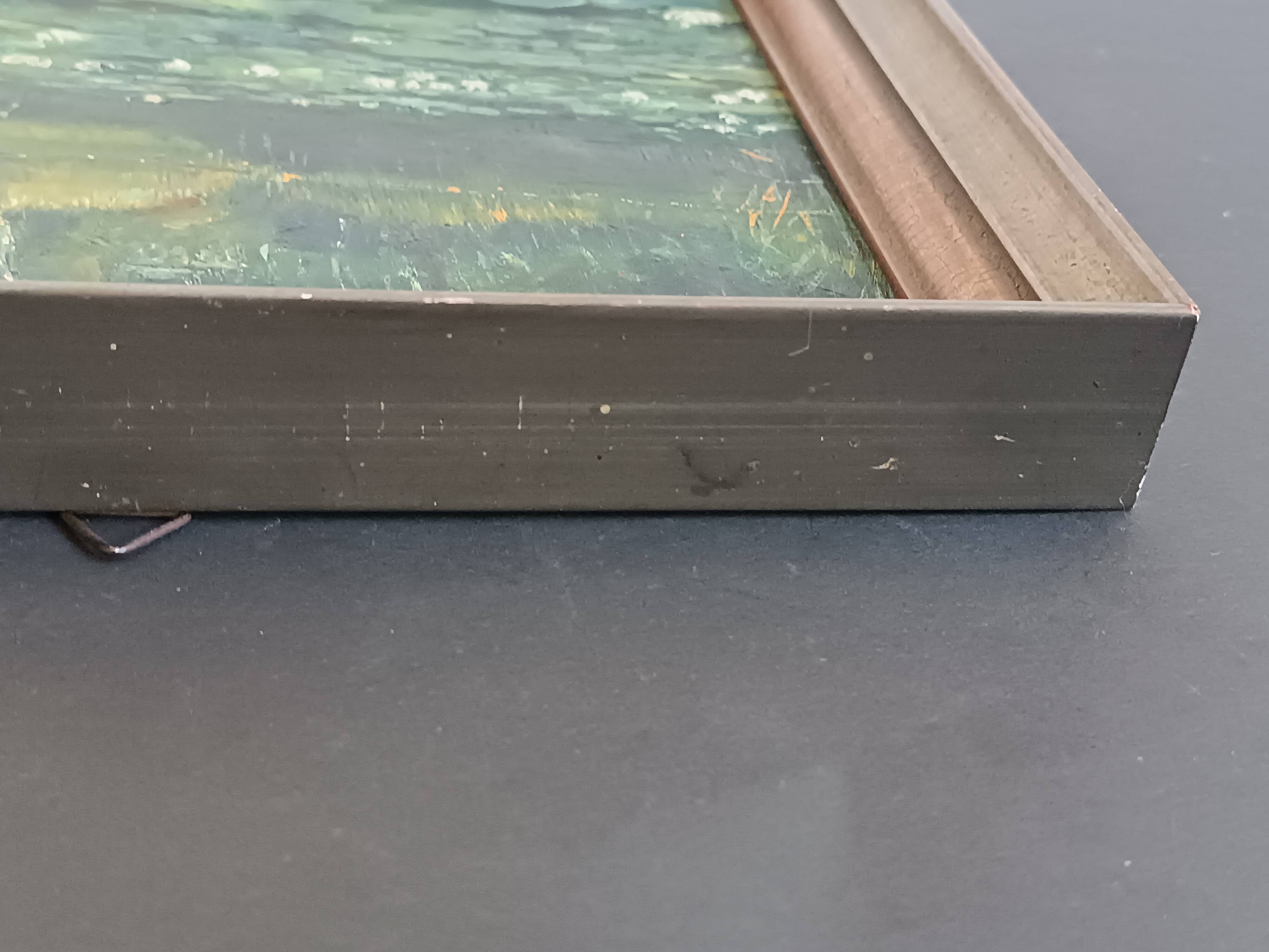 Original oil painting of a landscape with a pond and water lilies by Albert Morhain, 1930.