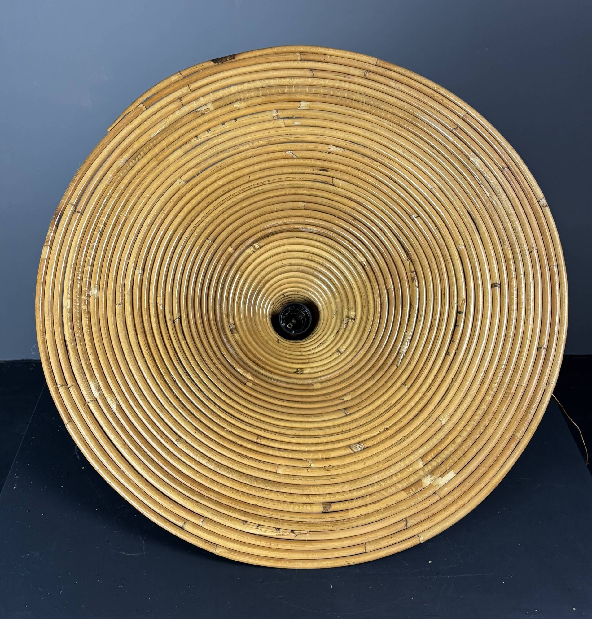 Mid-Century Italian witch hat pencil reed rattan bamboo and brass pendant