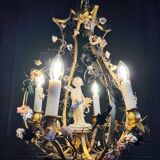 Napoleon III period cage chandelier in bronze and porcelain
