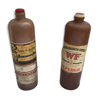 Paire ancienne bouteille grès marron avec étiquettes origine vintage