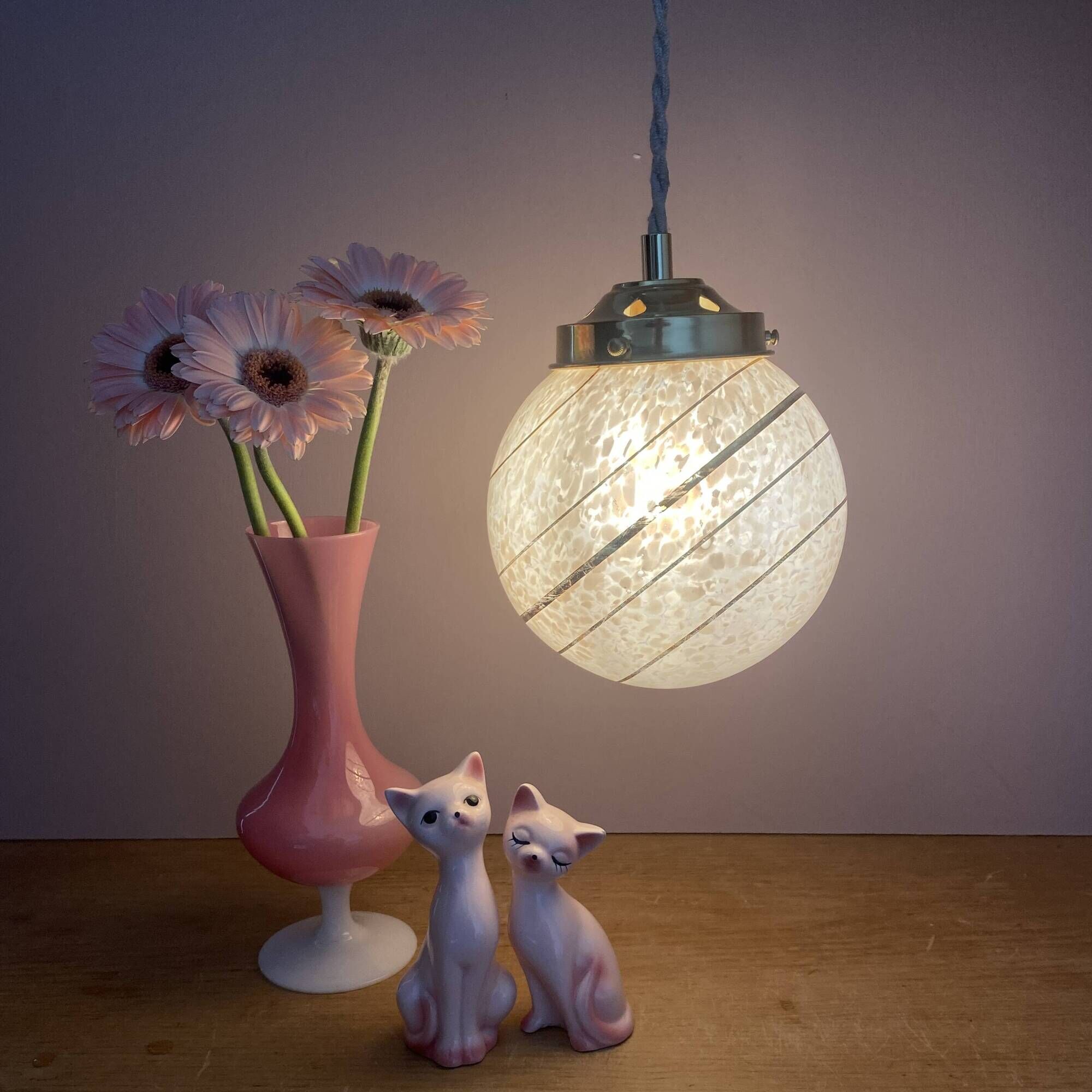 Vintage art deco globe pendant light in pink and gold Clichy glass
