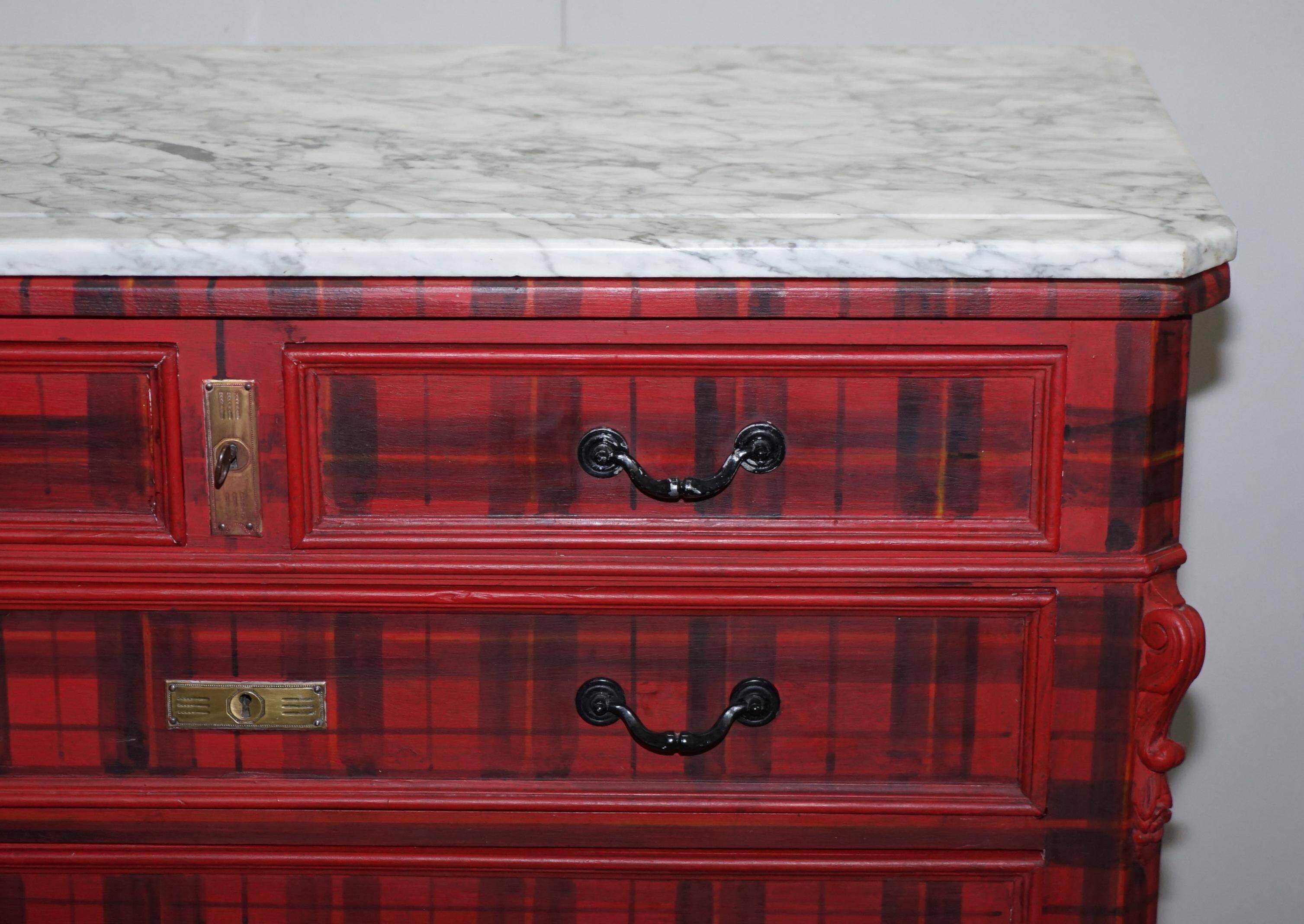Victorian Commode with Tartan Upholstery and Marble Top