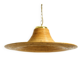 Beautiful, large Italian 1970s bright bamboo wood ceiling pendant lamp
