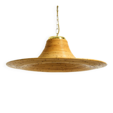 Beautiful, large Italian 1970s bright bamboo wood ceiling pendant lamp