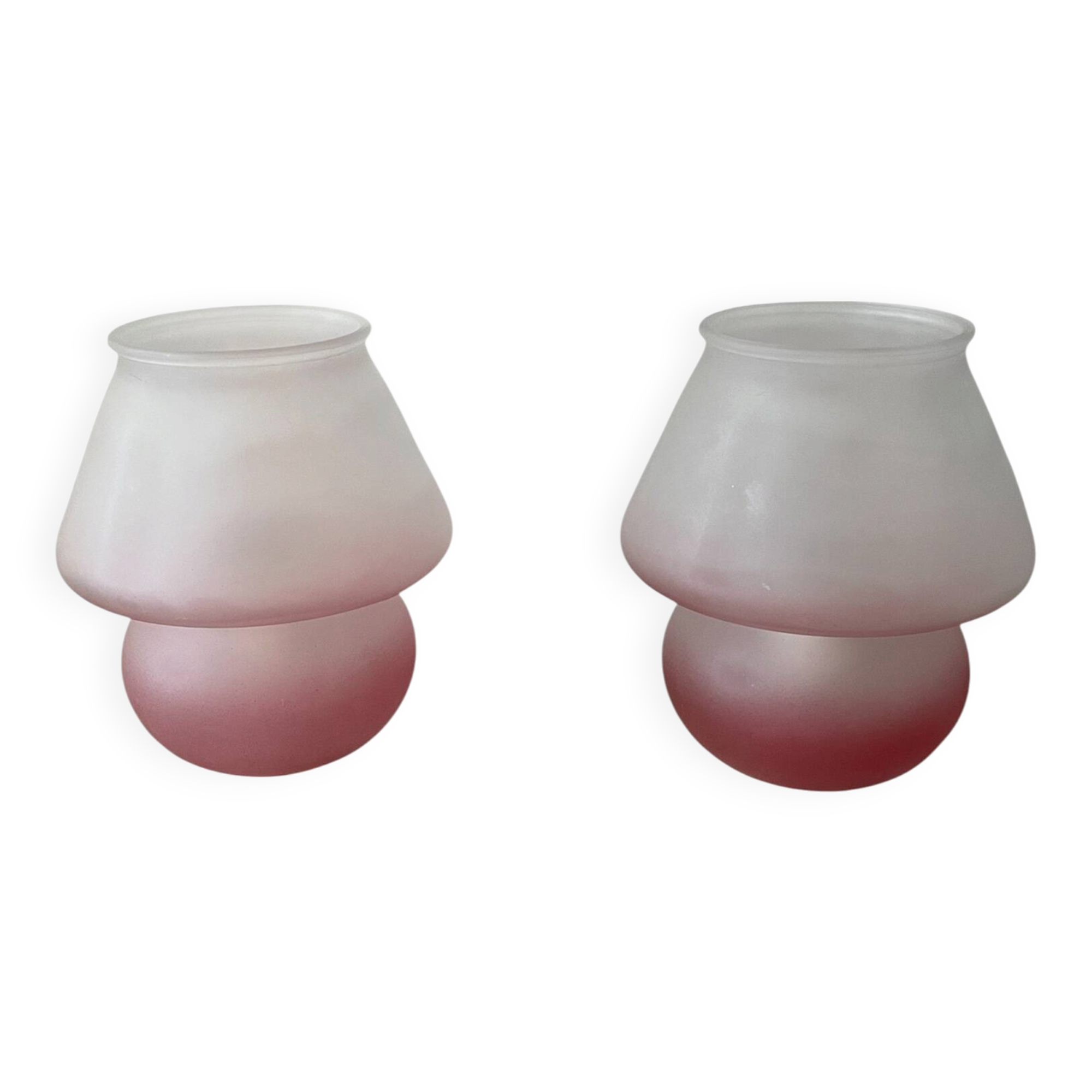 Pair of frosted pink glass mushroom lamps