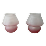Pair of frosted pink glass mushroom lamps