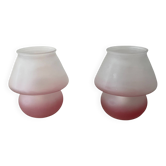 Paire de lampe champignon en verre dépoli rose