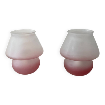 Pair of frosted pink glass mushroom lamps