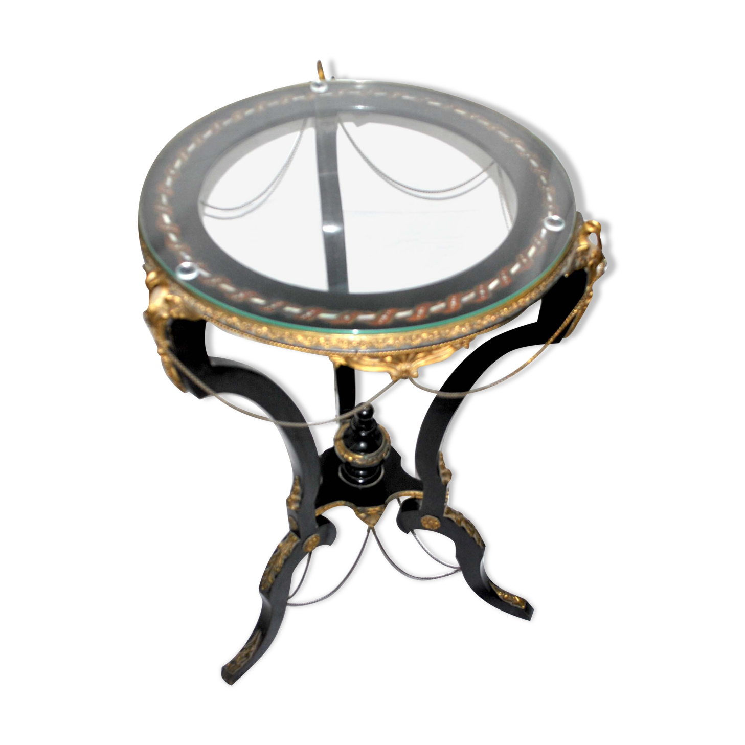 Napoleon III Gueridon Table blackened wood and gilded bronze swan - Mother-of-pearl marquetry top 19th century.