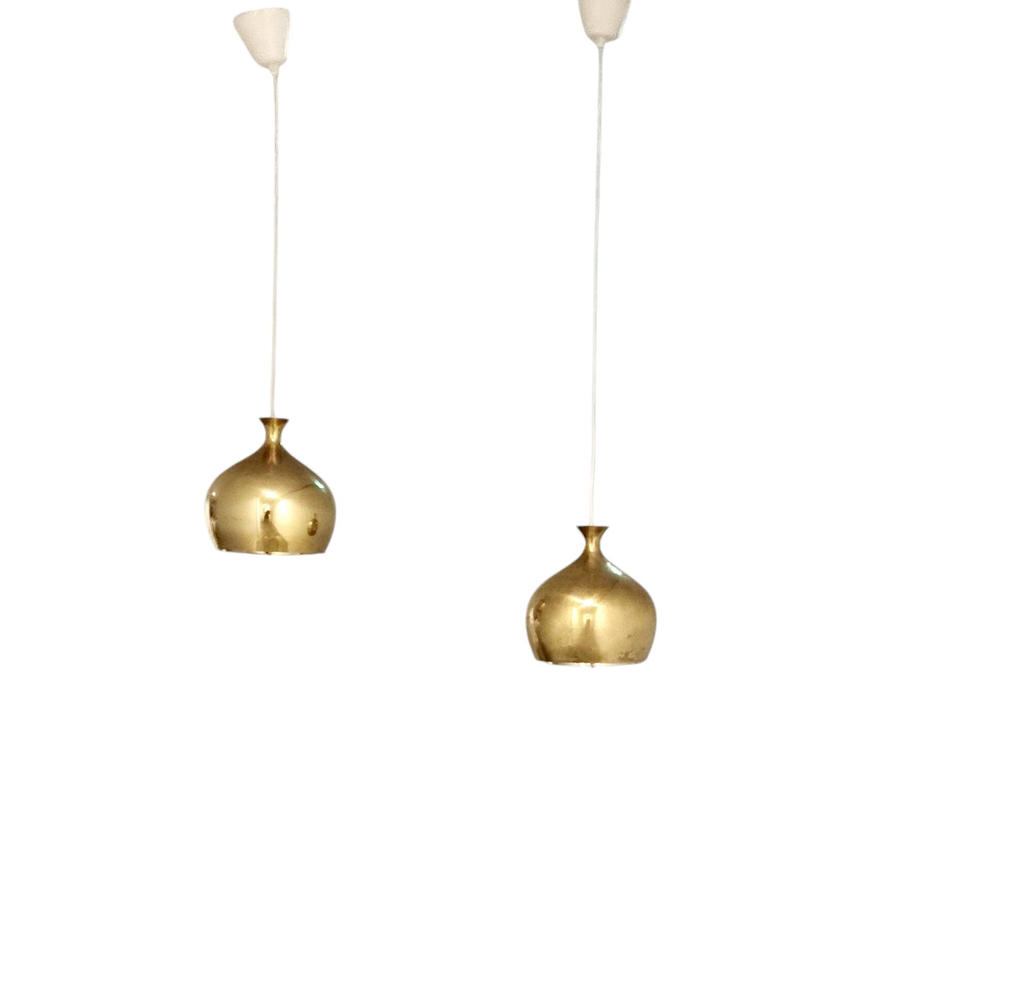 Set of Two Elegant Brass Pendant Lamps Löken by Helge Zimdal for Falkenberg