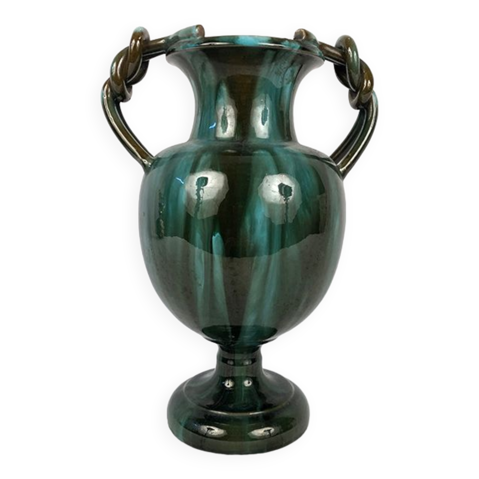 Clément Massier Golfe Juan vase with braided handles in glazed earthenware
