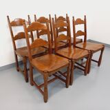 Set of 6 vintage brutalist chairs in oak wood from the 60s