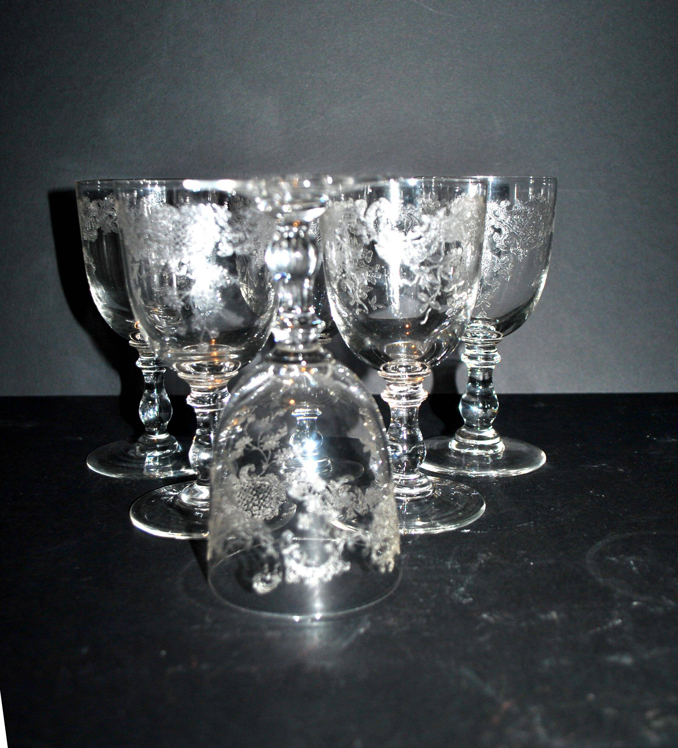 Saint-Louis set of 6 antique glasses with acid-etched rocaille and flower decoration 1920-30