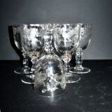 Saint-Louis set of 6 antique glasses with acid-etched rocaille and flower decoration 1920-30