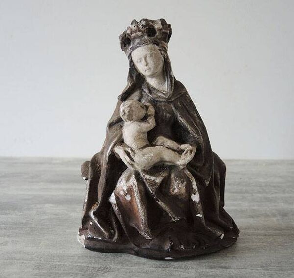 Ancienne Statuette en Plâtre : Vierge à L'Enfant Assise