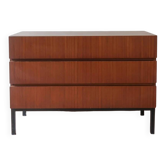 Commode 3 tiroirs en teck, piétement métal noir, années 60