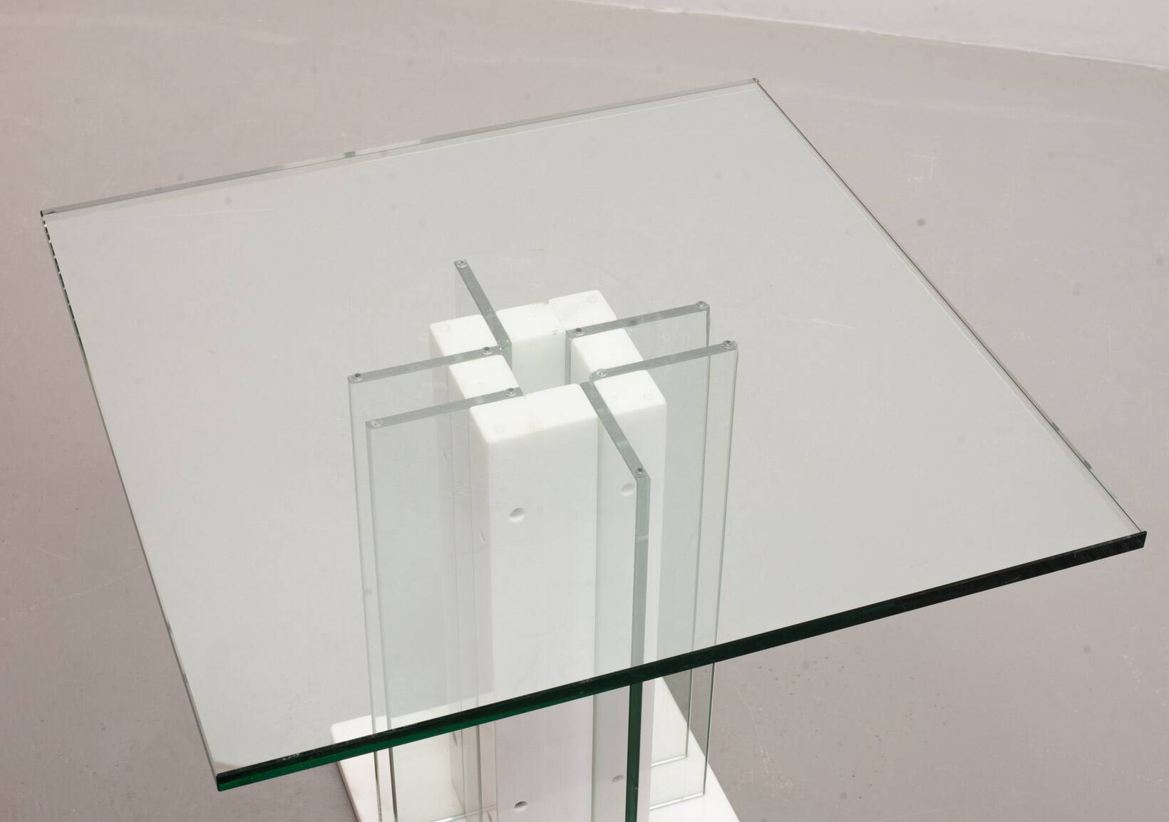 White Marble Italian Square Side Table with Glass Top and Lighting Option