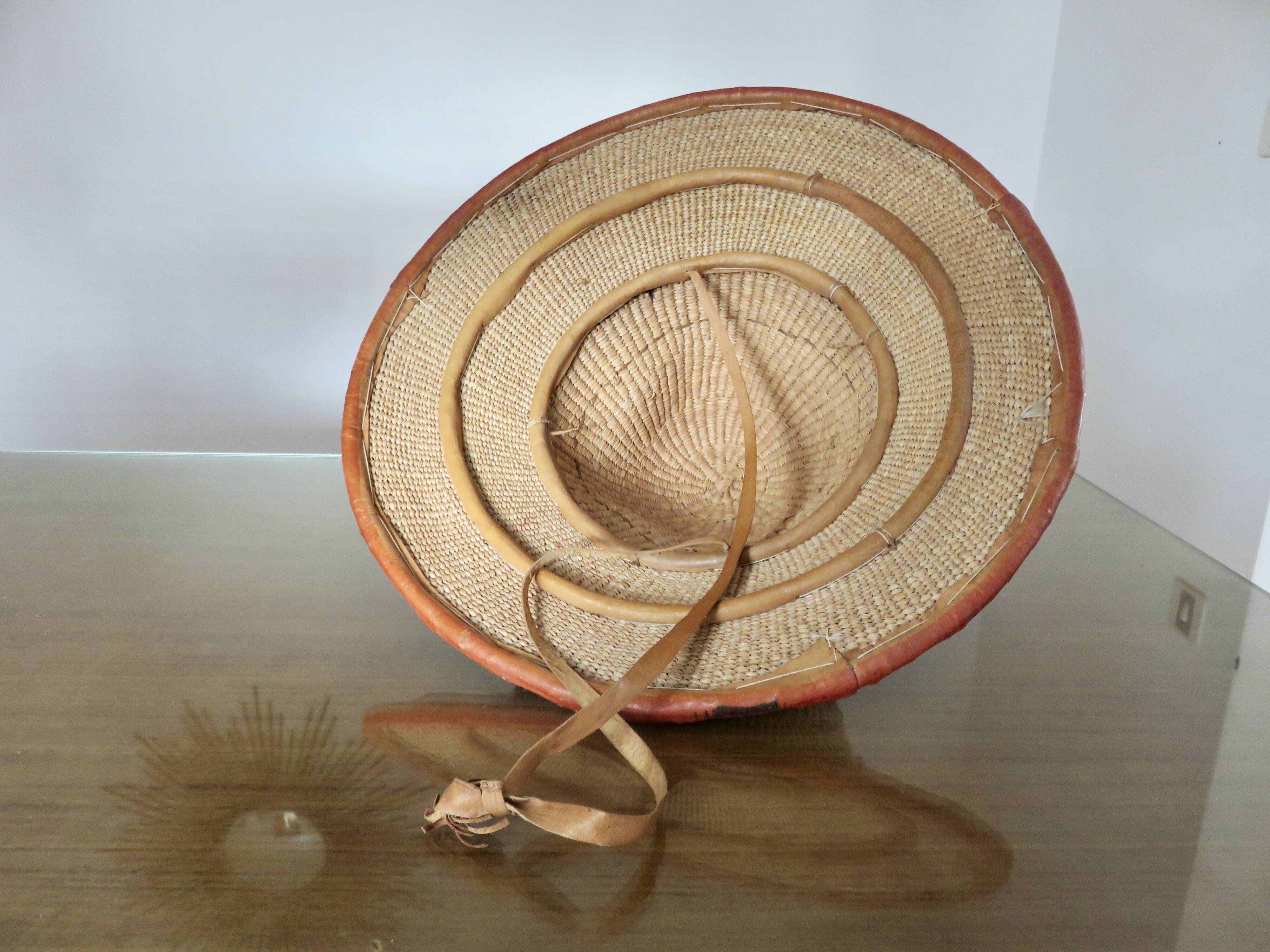 African conical hat, Fulani, in leather and braided rope, 1900