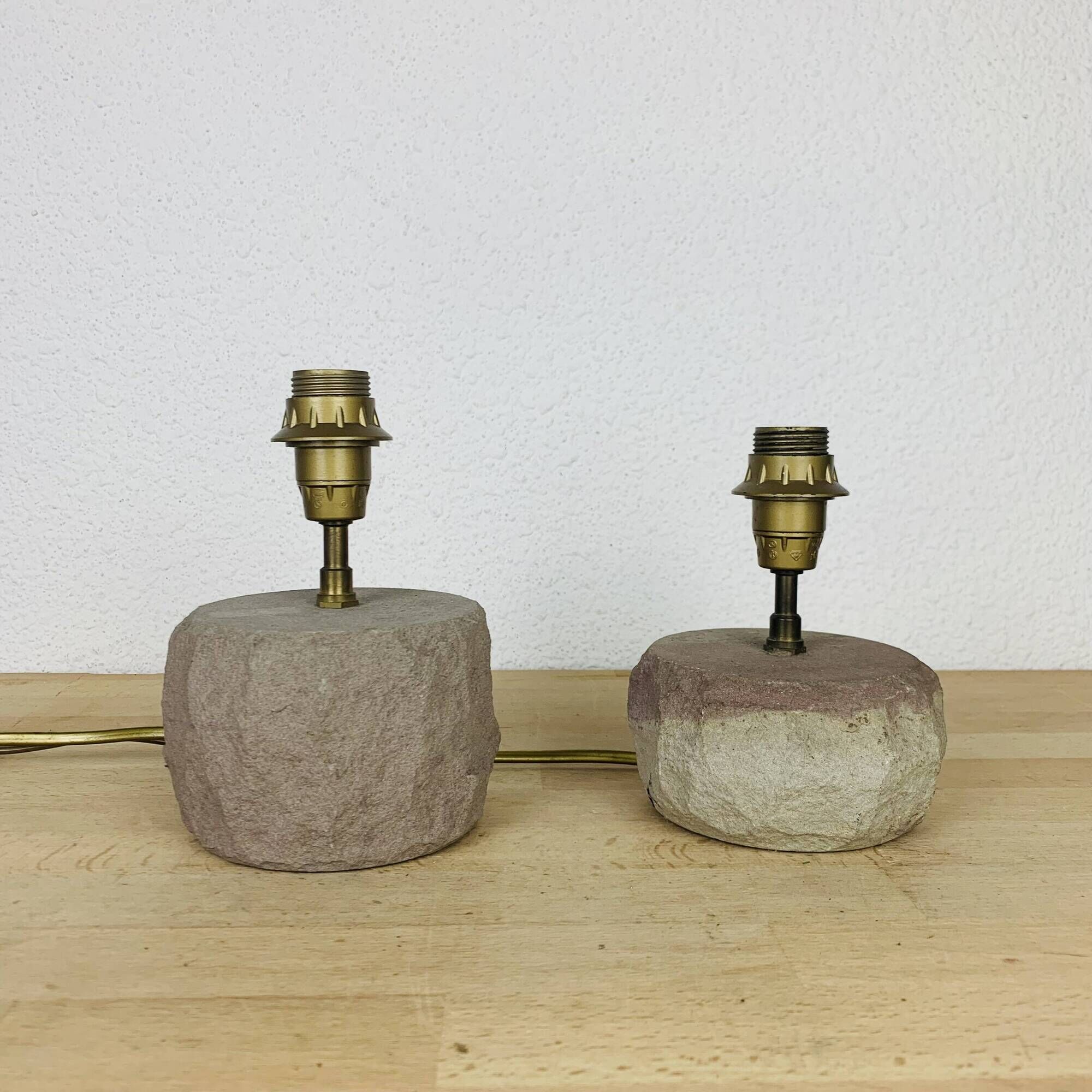 Pair of brutalist lamps in pink stoneware and wool lampshade, 1970
